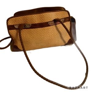 Vintage Bueno Shoulder Handbag Straw Faux Leather Handles and Trim